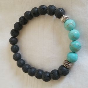 Silver Blue Black Genuine Quartz Lava Bead Stretch Bead Bracelet